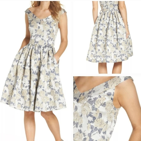 GAL MEETS GLAM Ava Rose Jacquard Dress Women's Size 12 Fit And Flare Pockets - Picture 1 of 13
